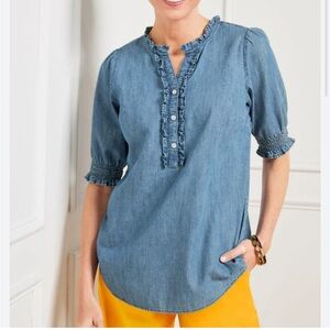 Talbots RUFFLE TRIM DENIM TOP blue puff sleeve